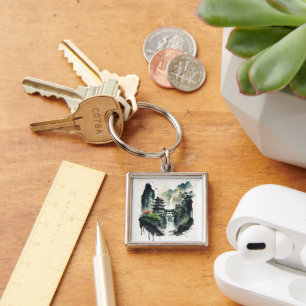 Ancient Chinese Ink Landscape with Waterfall Keychain