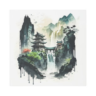 Ancient Chinese Ink Landscape with Waterfall Metal Print