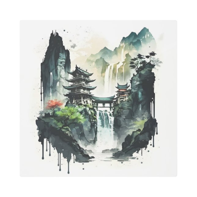 Ancient Chinese Ink Landscape with Waterfall Metal Print (Front)