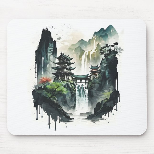Ancient Chinese Ink Landscape with Waterfall Mouse Pad (Front)