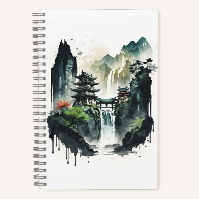Ancient Chinese Ink Landscape with Waterfall Notebook (Front)