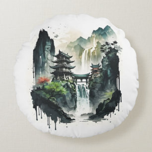 Ancient Chinese Ink Landscape with Waterfall Round Pillow