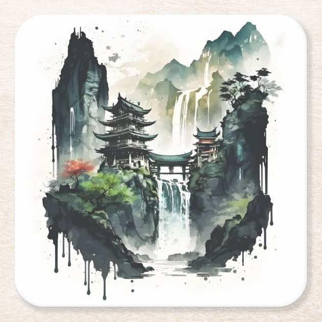 Ancient Chinese Ink Landscape with Waterfall Square Paper Coaster