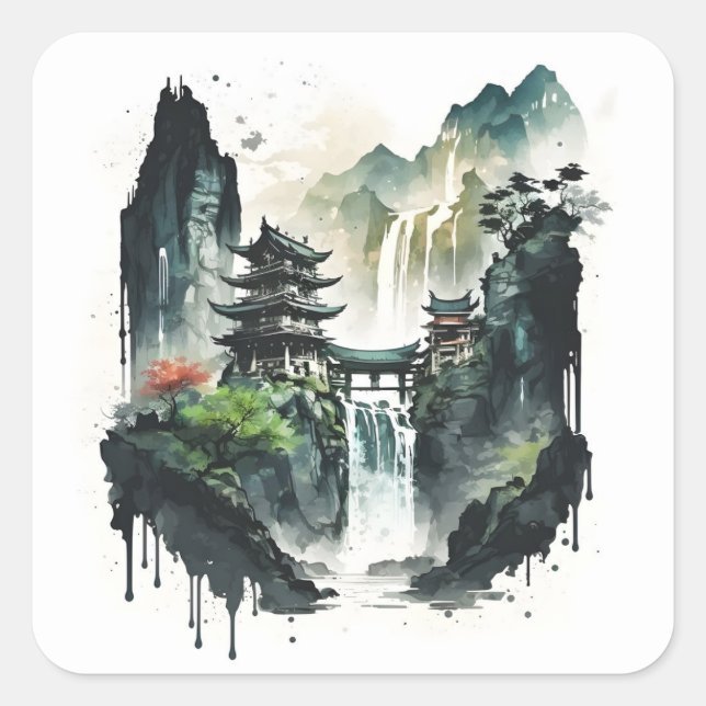 Ancient Chinese Ink Landscape with Waterfall Square Sticker (Front)