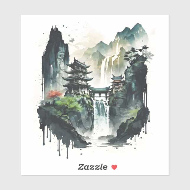 Ancient Chinese Ink Landscape with Waterfall Sticker (Sheet)