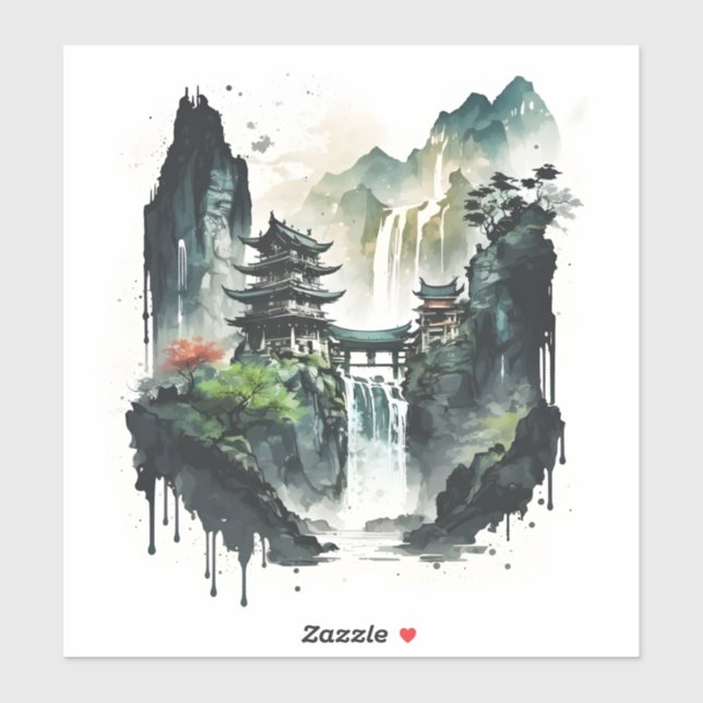Ancient Chinese Ink Landscape with Waterfall Sticker (Sheet)