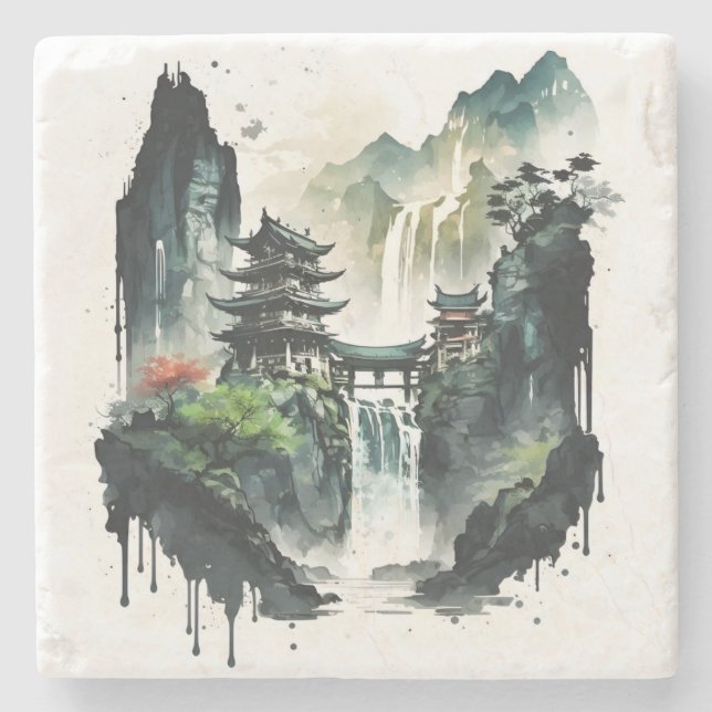 Ancient Chinese Ink Landscape with Waterfall Stone Coaster (Front)