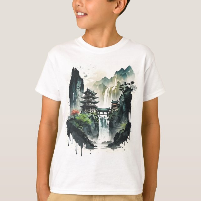 Ancient Chinese Ink Landscape with Waterfall T-Shirt (Front)
