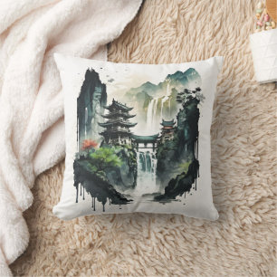 Ancient Chinese Ink Landscape with Waterfall Throw Pillow
