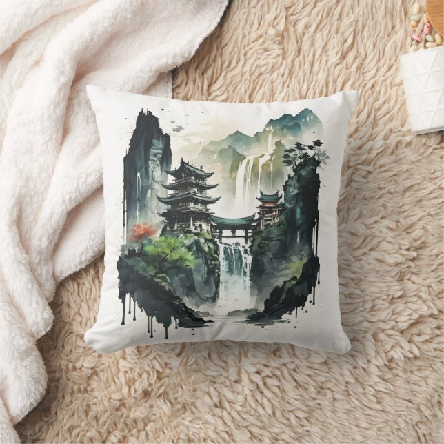 Ancient Chinese Ink Landscape with Waterfall Throw Pillow (Blanket)