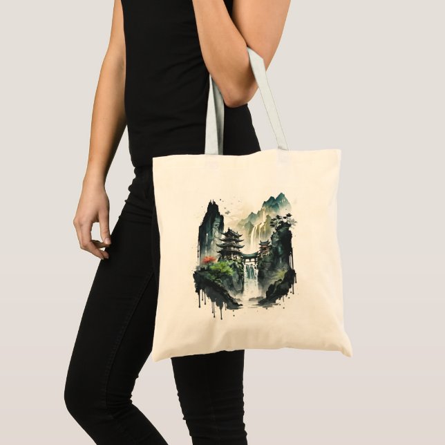 Ancient Chinese Ink Landscape with Waterfall Tote Bag (Front (Product))