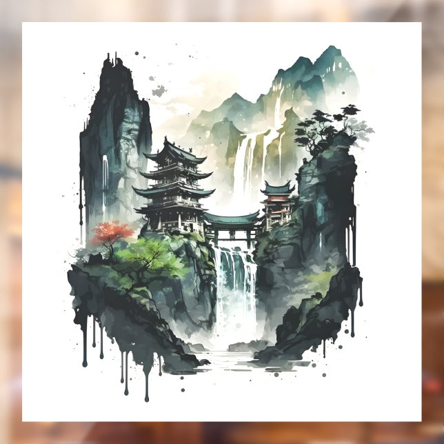 Ancient Chinese Ink Landscape with Waterfall Window Cling (Sheet 2)