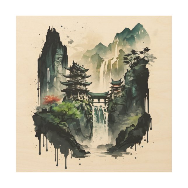 Ancient Chinese Ink Landscape with Waterfall Wood Wall Art (Front)