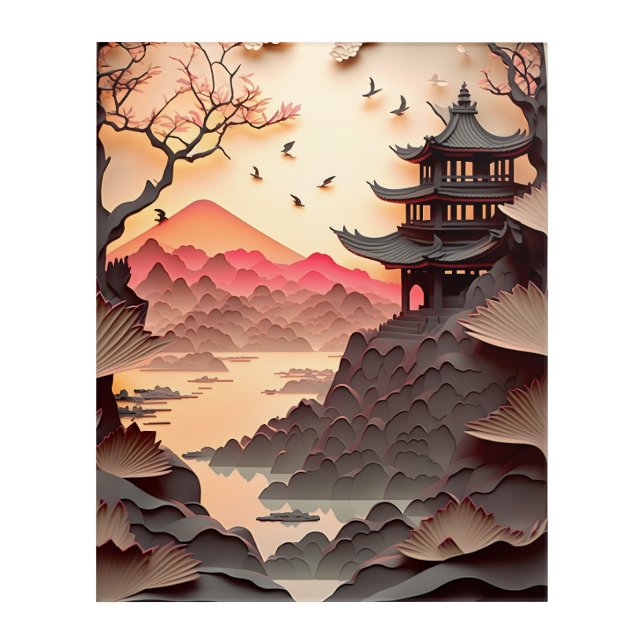 Ancient Chinese Scene Paper Cut Brown Acrylic Print (Front)