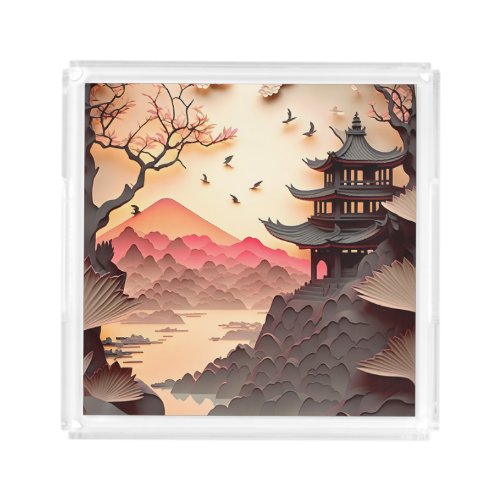 Ancient Chinese Scene Paper Cut Brown Acrylic Tray