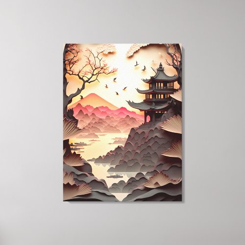 Ancient Chinese Scene Paper Cut Brown Canvas Print