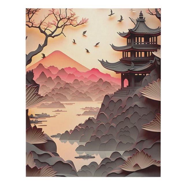 Ancient Chinese Scene Paper Cut Brown Faux Canvas Print (Front)