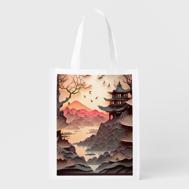 Ancient Chinese Scene Paper Cut Brown Grocery Bag (Front)