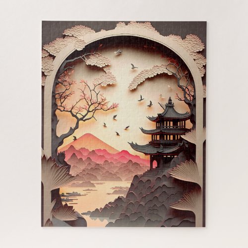 Ancient Chinese Scene Paper Cut Brown Jigsaw Puzzle