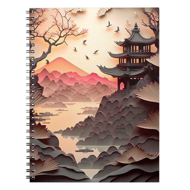 Ancient Chinese Scene Paper Cut Brown Notebook (Front)