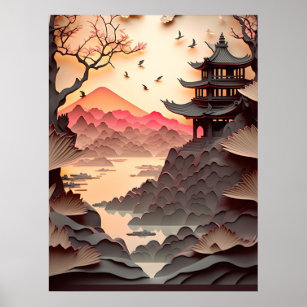 Ancient Chinese Scene Paper Cut Brown Poster