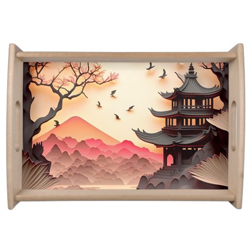 Ancient Chinese Scene Paper Cut Brown serving tray