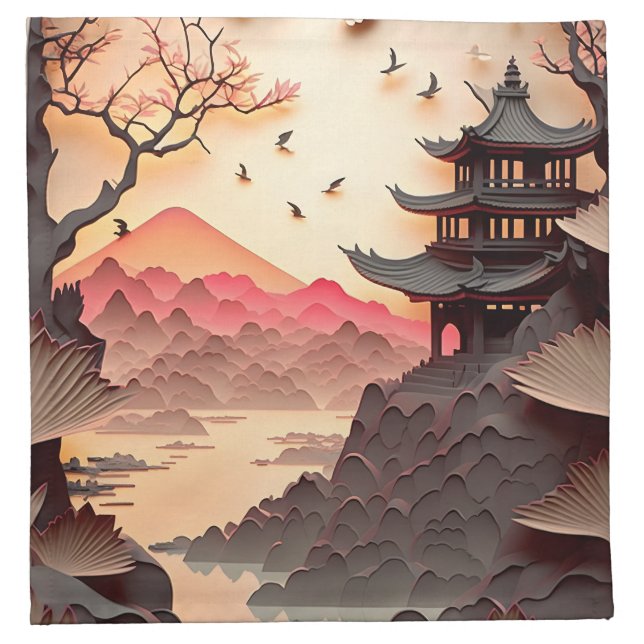 Ancient Chinese Scene Paper Cut Cloth Napkin (Front)