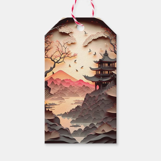 Ancient Chinese Scene Paper Cut Gift Tag (Front)