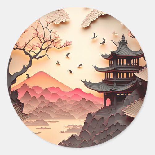 Ancient Chinese Scene Paper Cut Round Stickers
