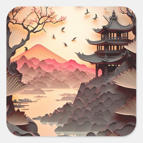 Ancient Chinese Scene Paper Cut Square Stickers