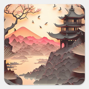 Ancient Chinese Scene Paper Cut Square Stickers
