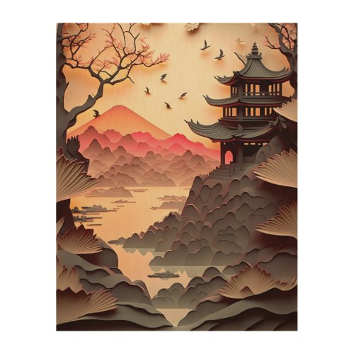 Ancient Chinese Scene PaperCut Brown Wood Wall Art