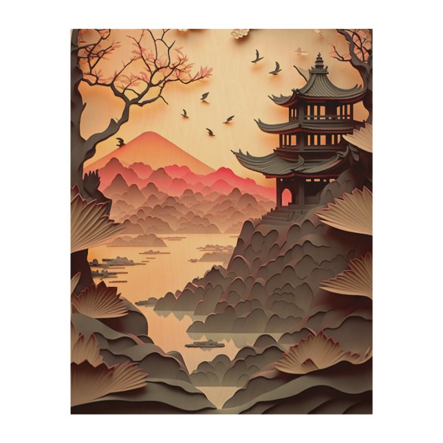 Ancient Chinese Scene PaperCut Brown Wood Wall Art (Front)