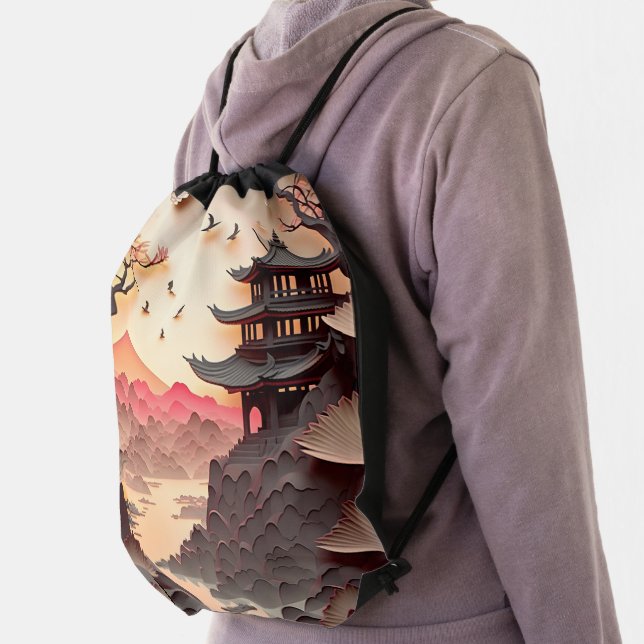 Ancient Chinese Scene PaperCut Drawstring Backpack (Insitu)