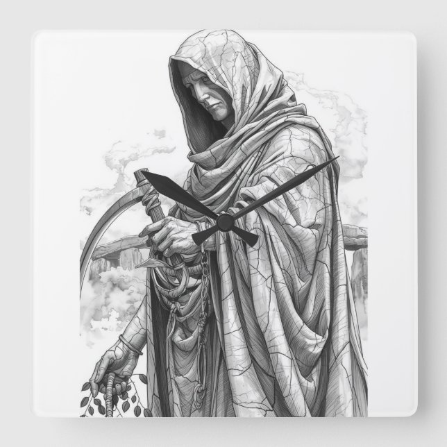 Ancient Chronos Marble Statue - Father Time with S Square Wall Clock (Front)