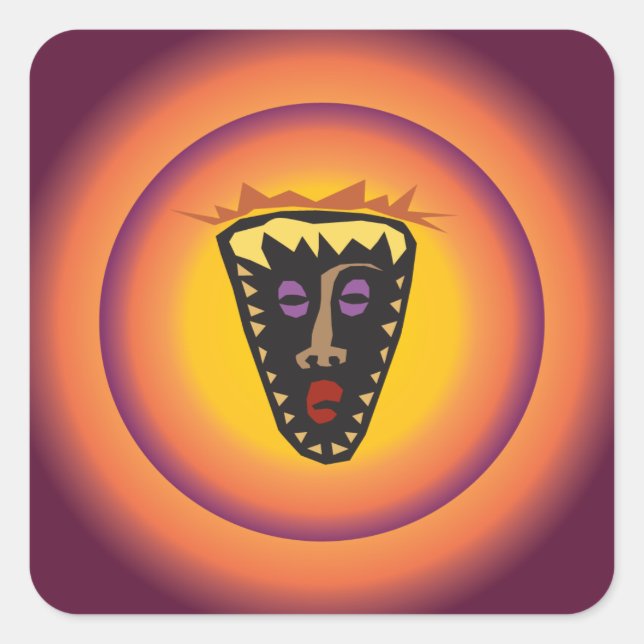 Ancient Civilization Tribal Mask Glowing Sun Square Sticker (Front)