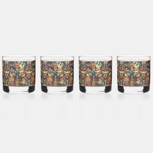 Ancient Cyan "Mesoamerican Motif" 12oz Rocks Glass (Front)
