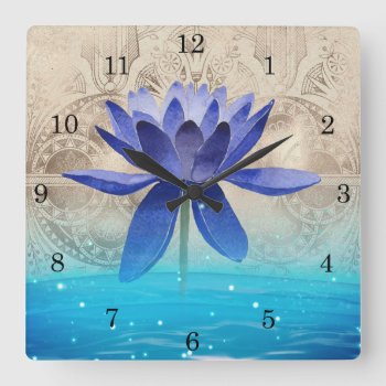 Ancient Egypt Styled Magic Blue Lotus Flower Poste Square Wall Clock by StuffByAbby at Zazzle