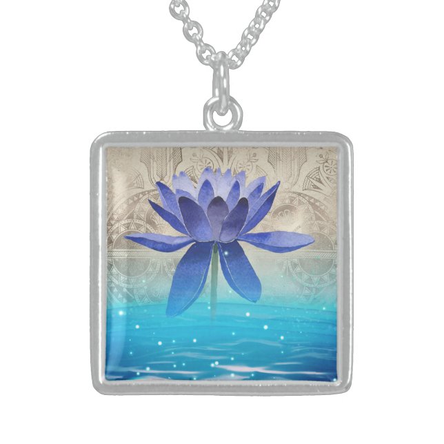 Ancient Egypt Styled Magic Blue Lotus Flower Sterling Silver Necklace (Front)