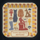 Ancient Egypt Themed Custom Party Paper Plates<br><div class="desc">Add your own message to create personalized party supplies with an Egyptian theme. These paper plates feature a collage of different illustrations inspired by the artwork of ancient Egypt with your own custom message inside of a cartouche shaped frame. Graphics in yellow, orange, red, brown and blue are set against...</div>