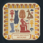 Ancient Egypt Themed Custom Party Paper Plates<br><div class="desc">Add your own message to create personalized party supplies with an Egyptian theme. These paper plates feature a collage of different illustrations inspired by the artwork of ancient Egypt with your own custom message inside of a cartouche shaped frame. Graphics in yellow, orange, red, brown and blue are set against...</div>