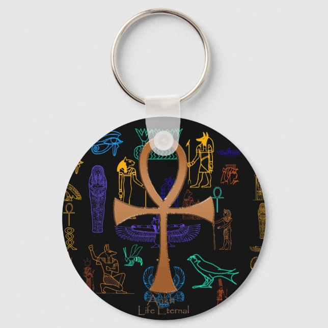 Ancient Egyptian Art Symbols & Copper Ankh Keychain (Front)