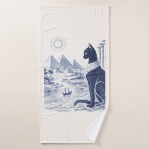 Ancient Egyptian Bastet Cat and Pyramids Blue Bath Towel