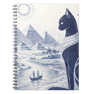 Ancient Egyptian Bastet Cat and Pyramids Blue Notebook