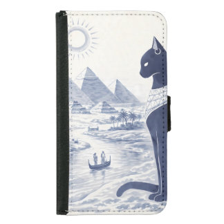 Ancient Egyptian Bastet Cat and Pyramids Blue Samsung Galaxy S5 Wallet Case