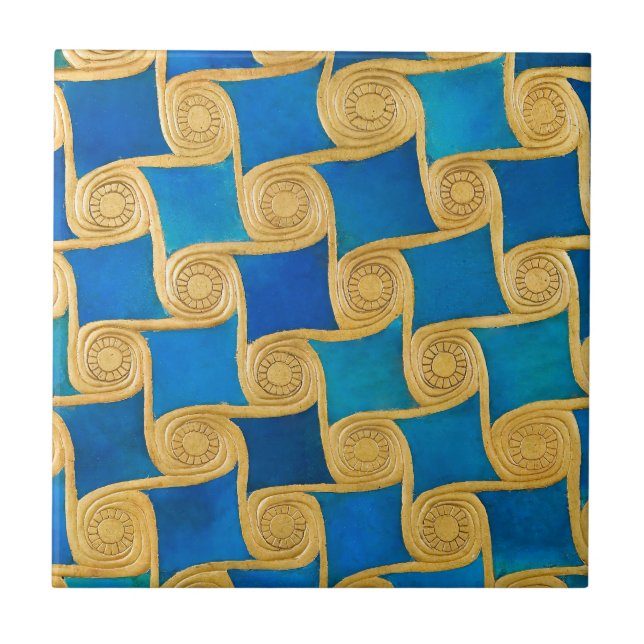 Ancient Egyptian Blue Gold Geometric Pattern Ceramic Tile (Front)