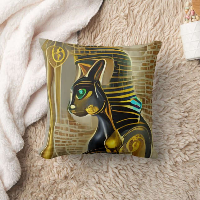 Ancient Egyptian Cat Goddess Bastet AI Art Throw Pillow (Blanket)