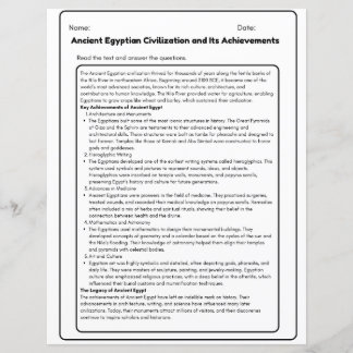 Ancient Egyptian Civilization Worksheet