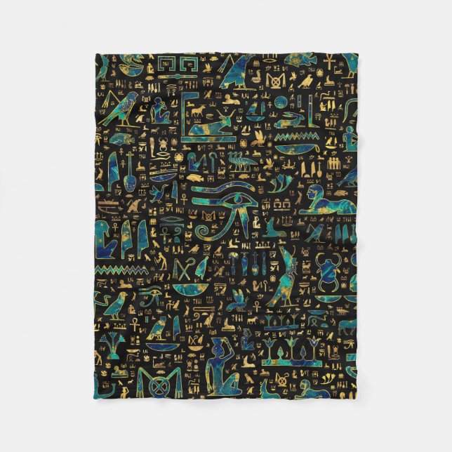 Ancient Egyptian hieroglyphics Marble and Gold Fleece Blanket (Front)