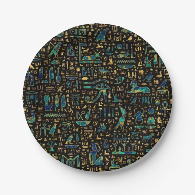 Ancient Egyptian hieroglyphics Marble and Gold Paper Plates (Front)